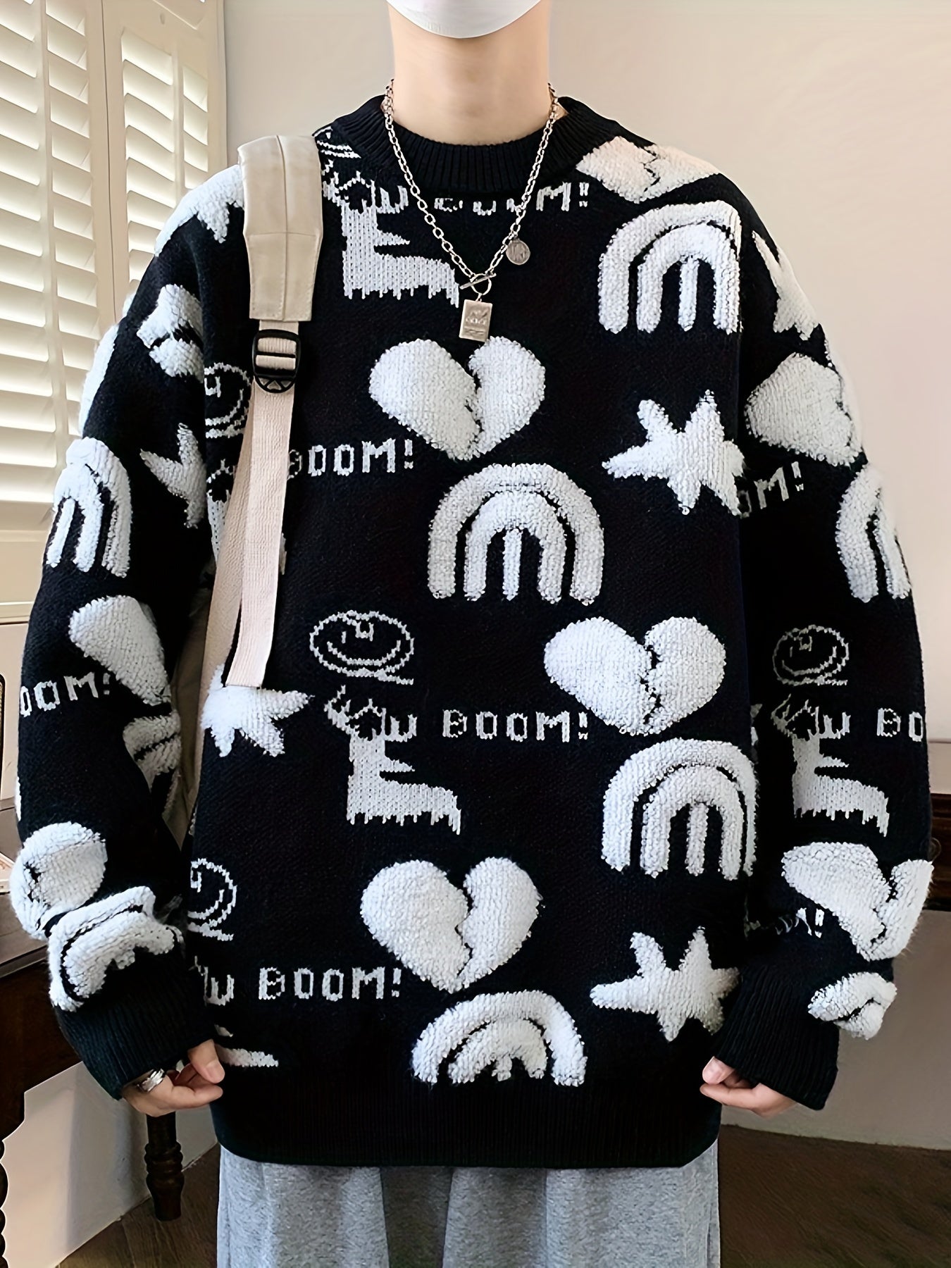 Unisex Strickpullover Rundhals mit Muster (Hirsch, Herz, Regenbogen)