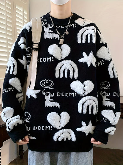 Unisex Strickpullover Rundhals mit Muster (Hirsch, Herz, Regenbogen)