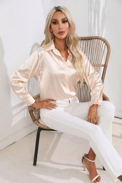 Damen Satinbluse im Cardigan-Stil – Elegante Bluse für Büro, Alltag & Feste