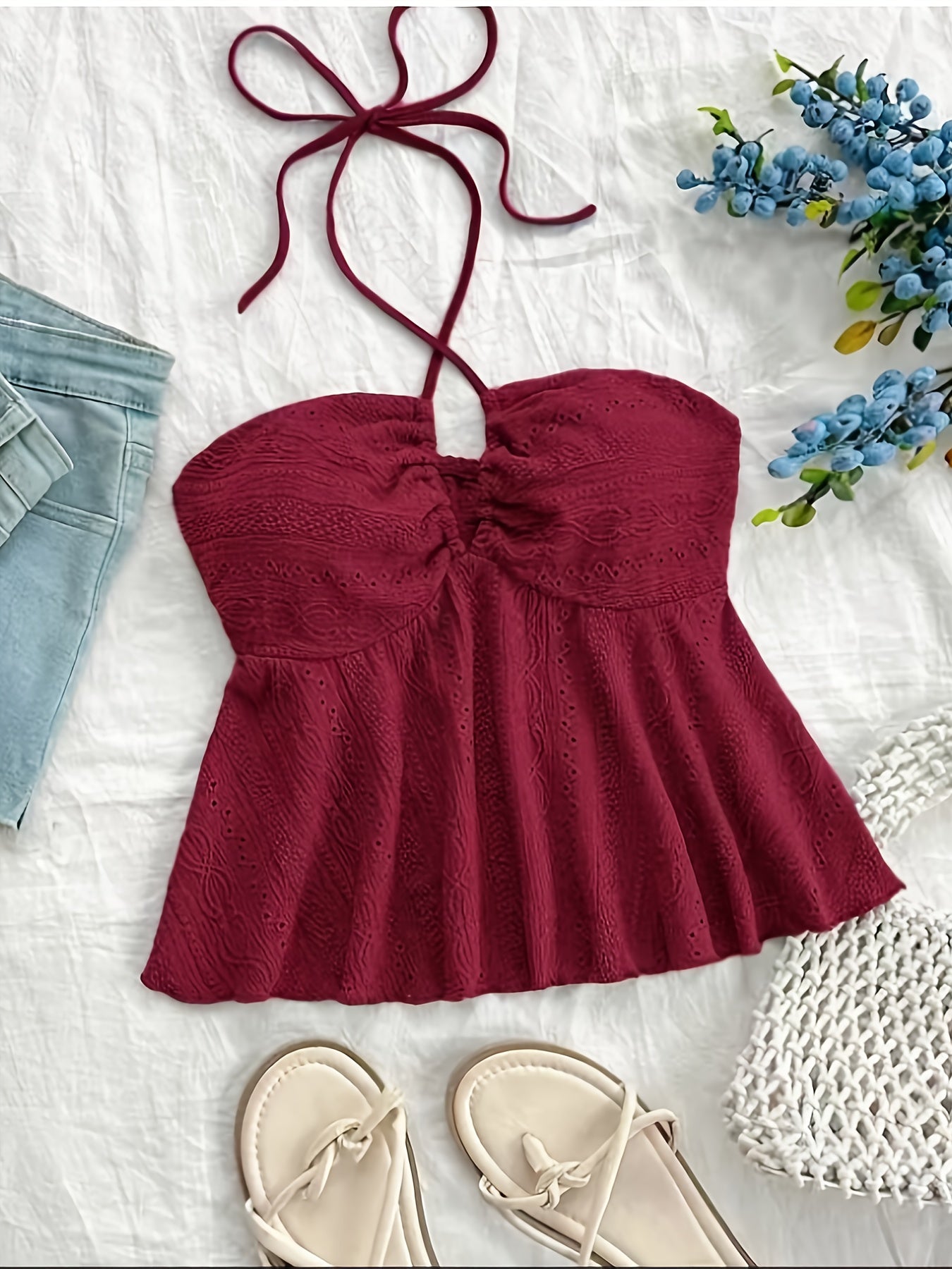 Top Babydoll de tirantes para mujer en estilo vintage – Top veraniego juguetón con bordado para tiempo libre y vacaciones