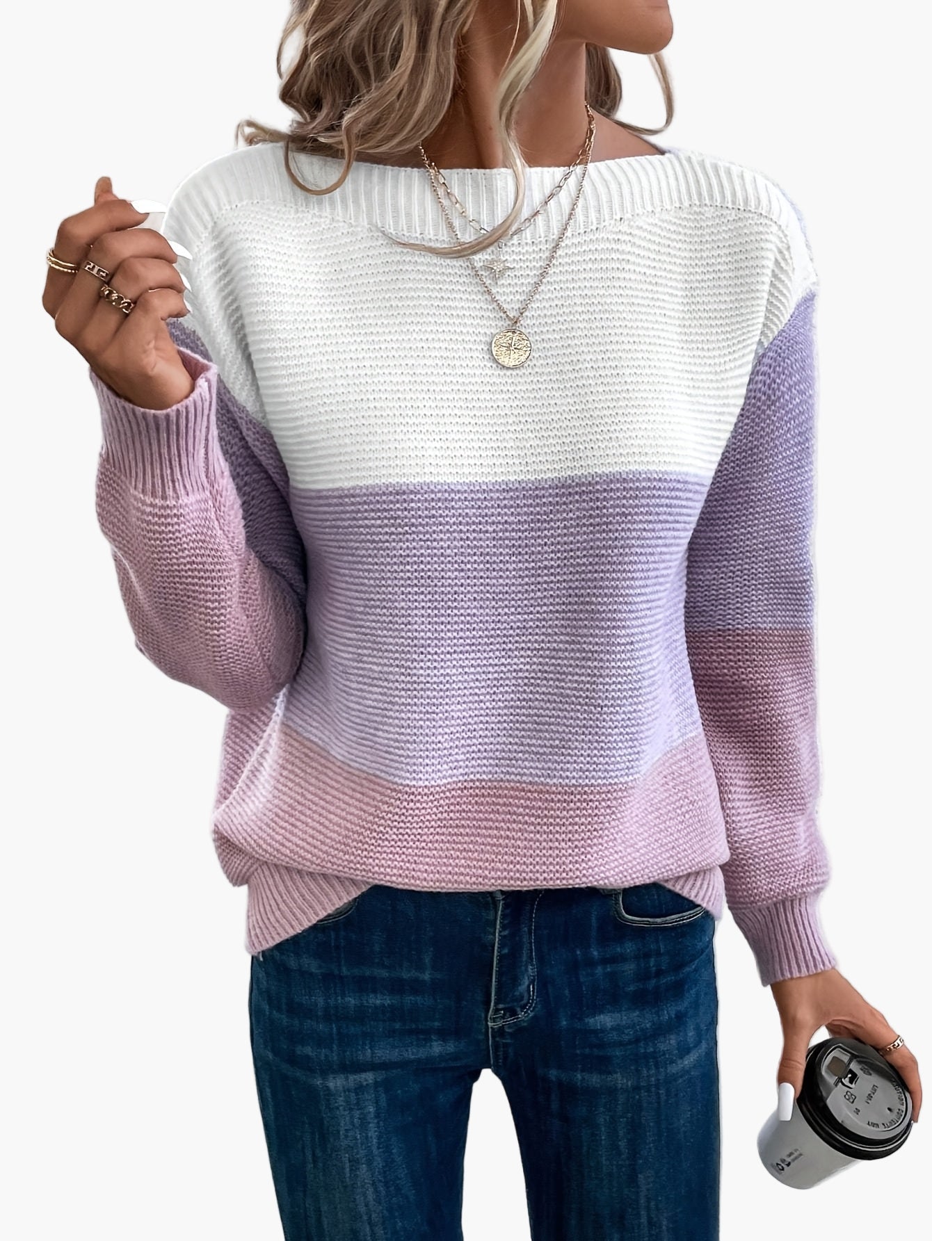 Damski sweter dziany w designie colorblock – Elegancki look na czas wolny na jesień i zimę