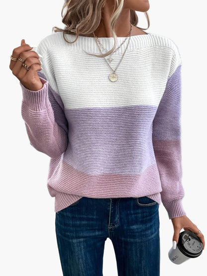 Damski sweter dziany w designie colorblock – Elegancki look na czas wolny na jesień i zimę