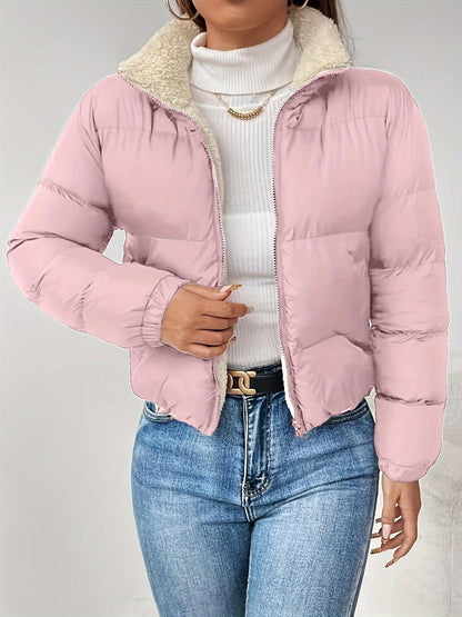 Chaqueta acolchada corta de mujer con forro de borreguito negra
