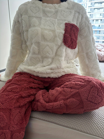Pigiama coccoloso con motivo a cuori, morbido pigiama loungewear