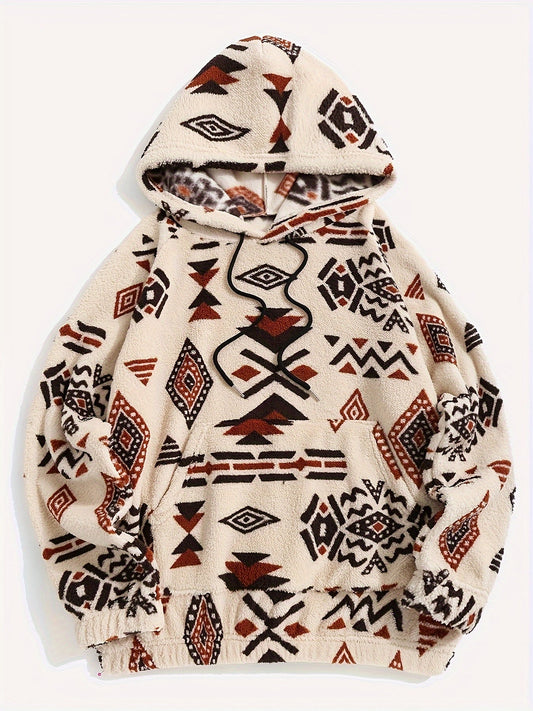 Fleece Hoodie mit ethnischem Muster und Kapuze
