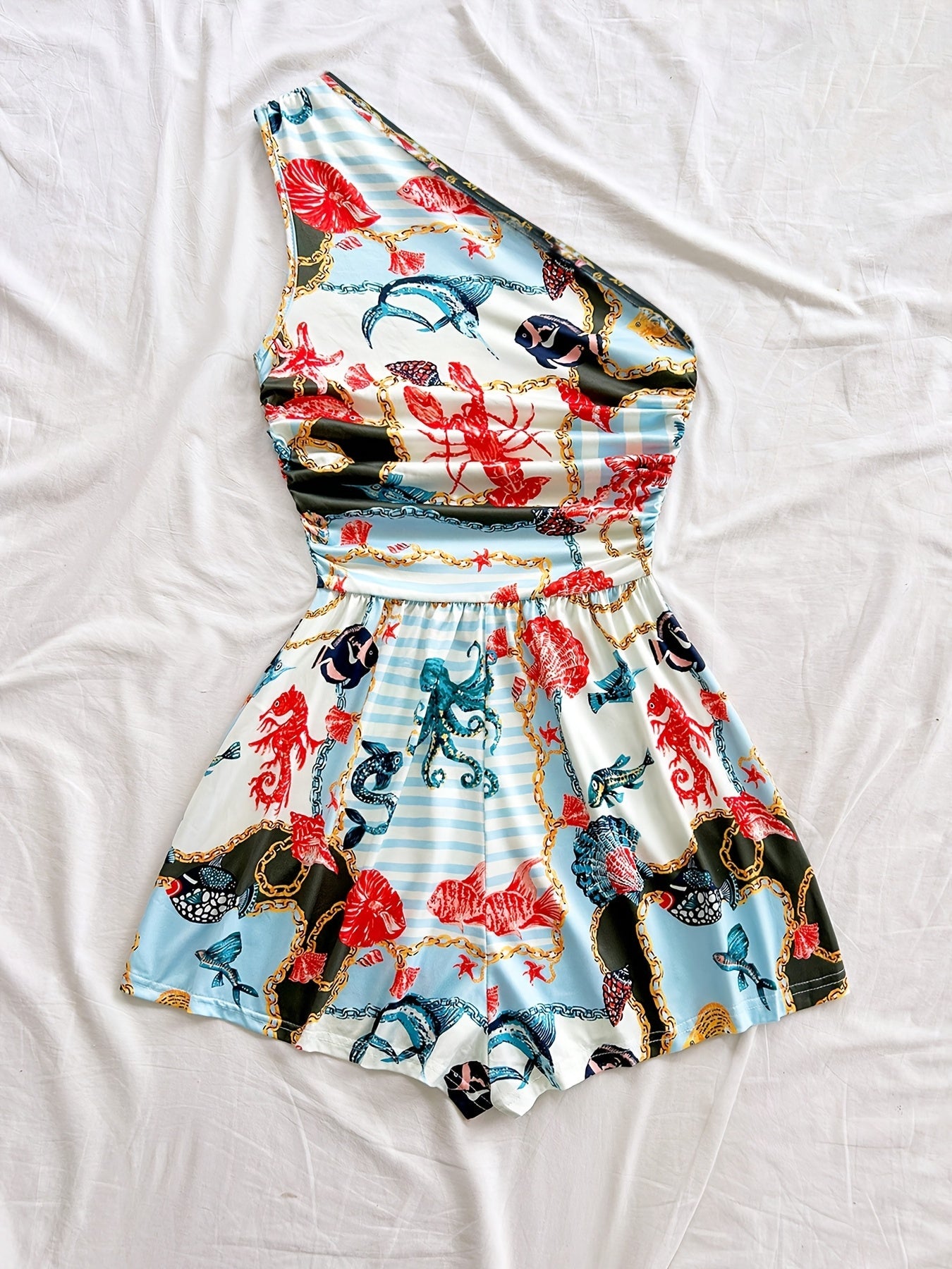 Dame ét-skulder-jumpsuit med tropisk print – sommermode til ferie og fritid
