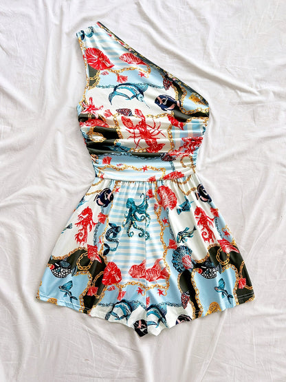 Dame ét-skulder-jumpsuit med tropisk print – sommermode til ferie og fritid