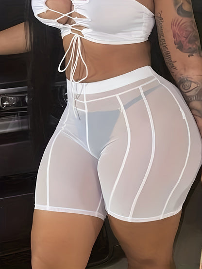 Damen High Waist Mesh Radler Shorts – Trendy, Figurbetonte Bademode Überzieher für Urlaub, Poolparty & Festivals