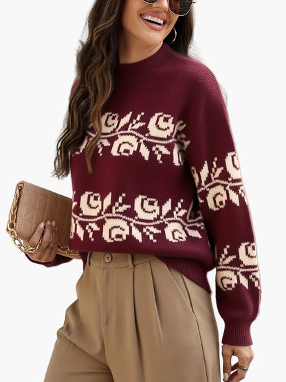 Maglione elegante da donna con motivo floreale jacquard – Ideale per autunno e inverno