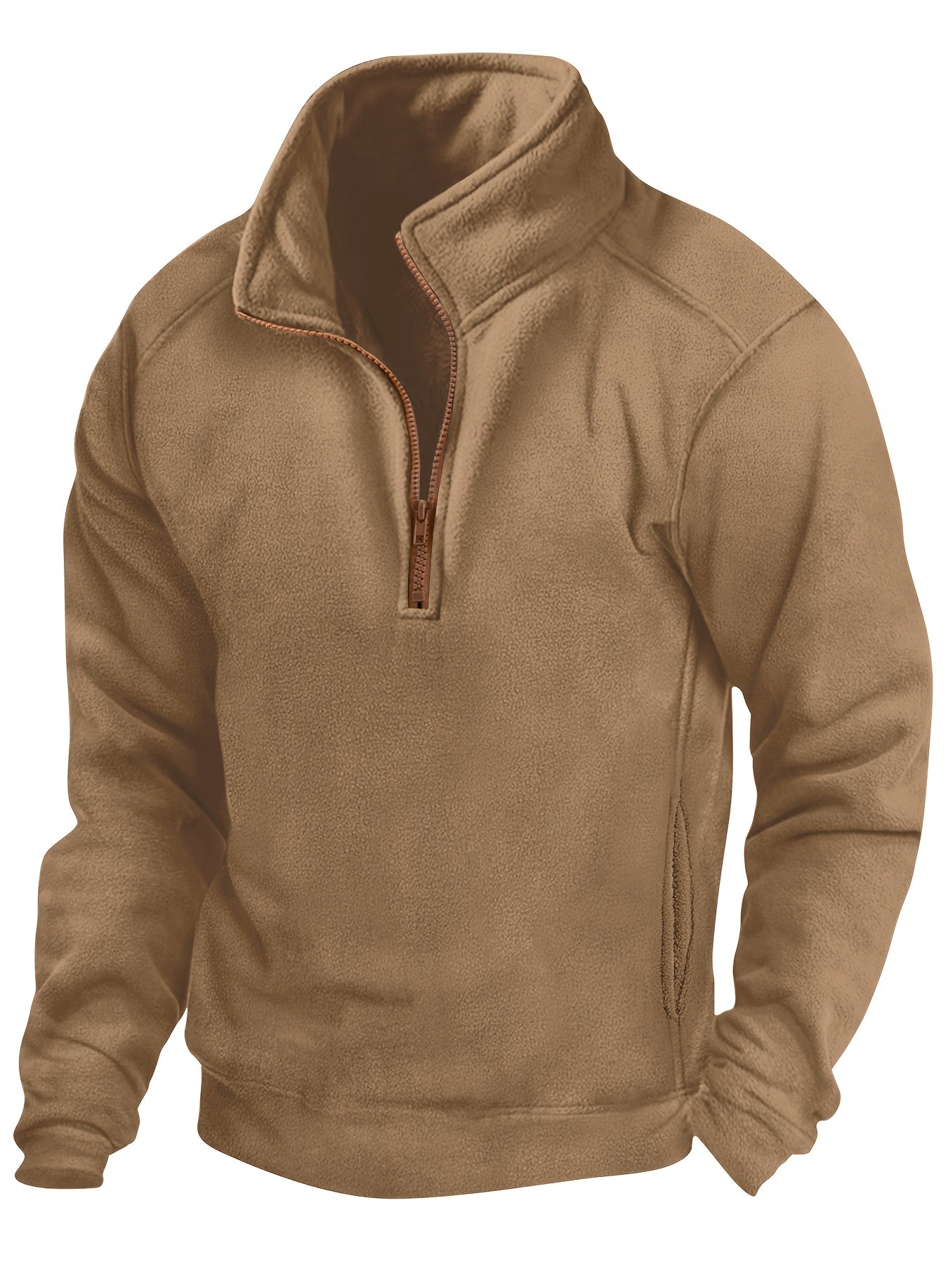 Fleece-pullover til mænd med ståkrave, halv lynlås, lange ærmer og lomme