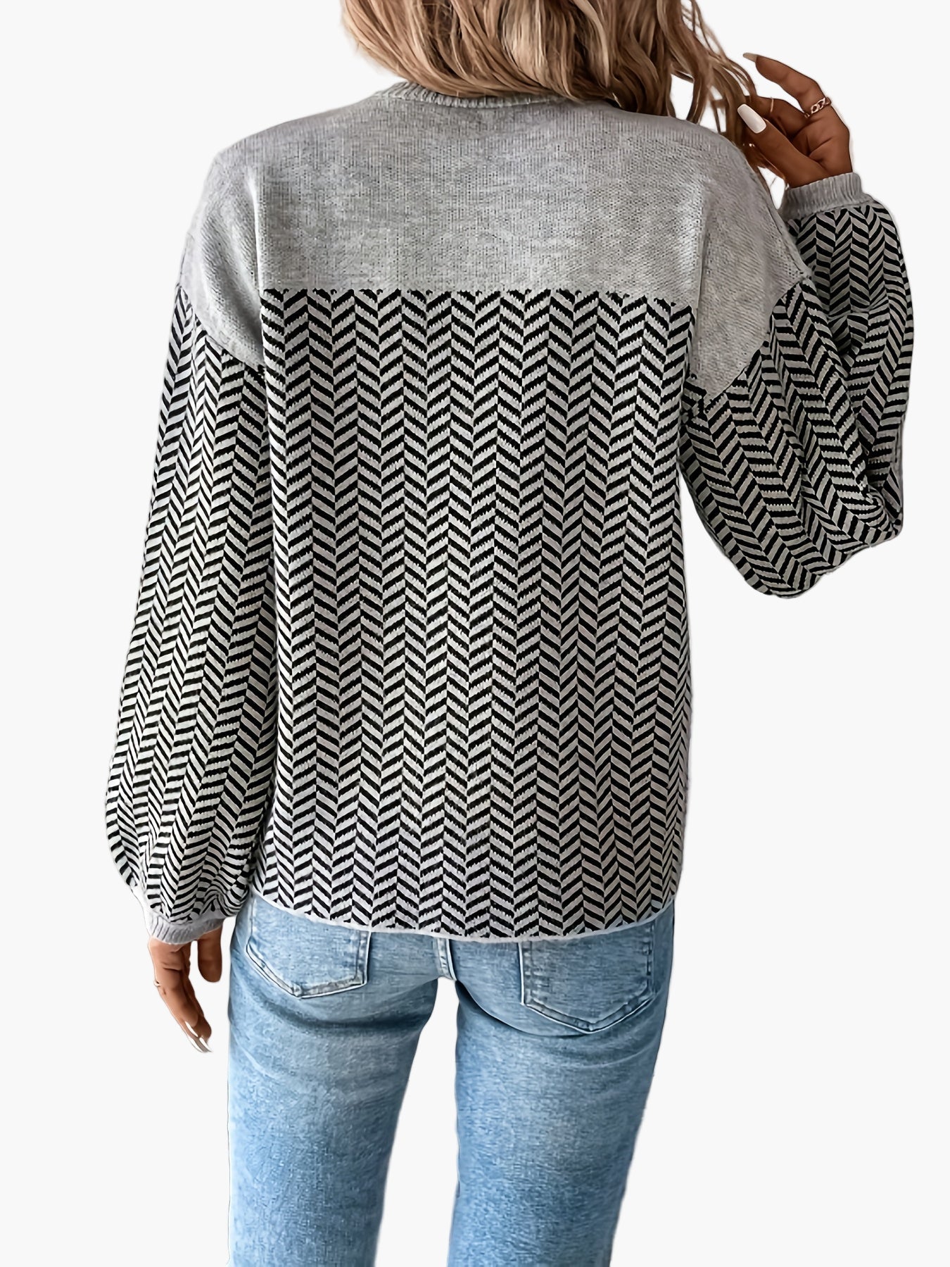 Maglione casual da donna a maglia con motivo pied de poule e scollo rotondo – Perfetto per autunno e inverno