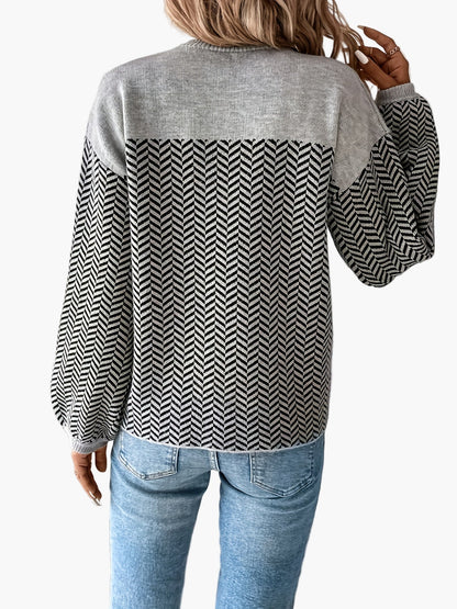 Maglione casual da donna a maglia con motivo pied de poule e scollo rotondo – Perfetto per autunno e inverno