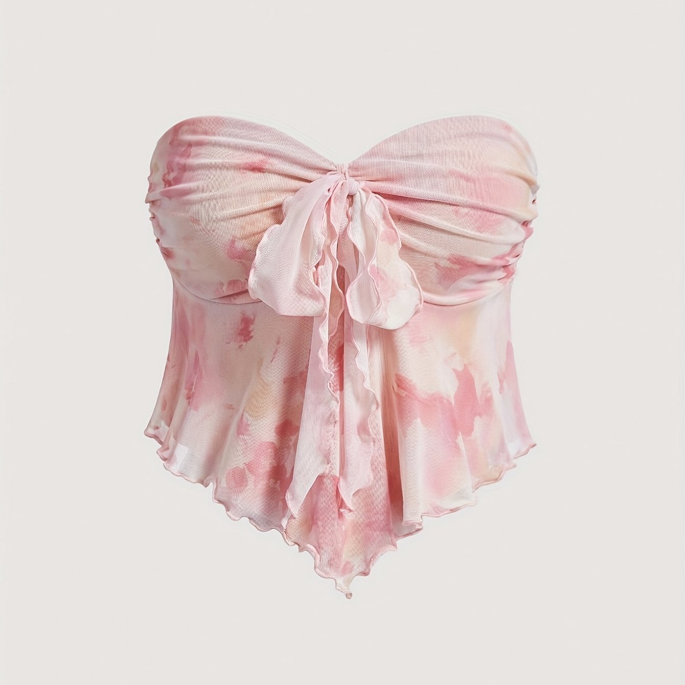 Top bandeau de mujer con estampado de acuarelas y dobladillo asimétrico – Atuendo de moda para fiestas y verano