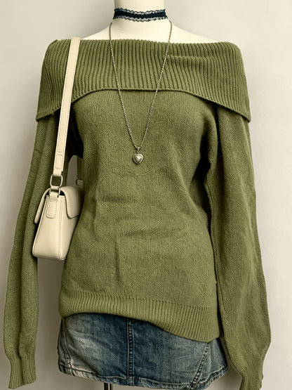 Damen Carmen-Pullover Gestrickt Off-Shoulder Grün
