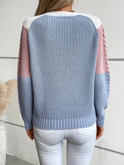 Dame-strikpullover med kabelstrik, colorblock-design i blå-hvid eller pink-blå