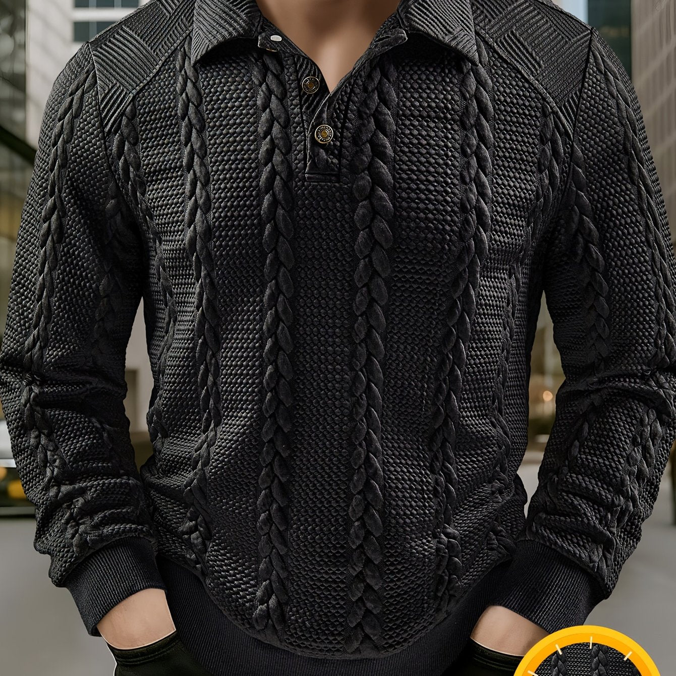 Polo da uomo in maglia a maniche lunghe con motivo intrecciato, grigio scuro