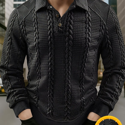Polo da uomo in maglia a maniche lunghe con motivo intrecciato, grigio scuro