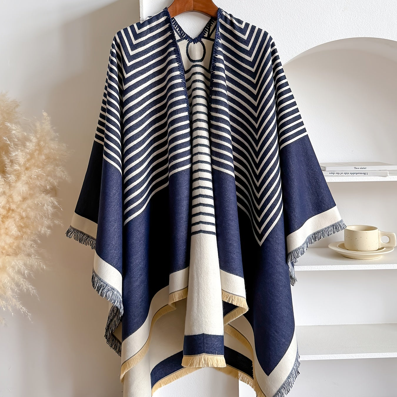 Women's Striped Fringe Trim Open Front Wrap Poncho Cape