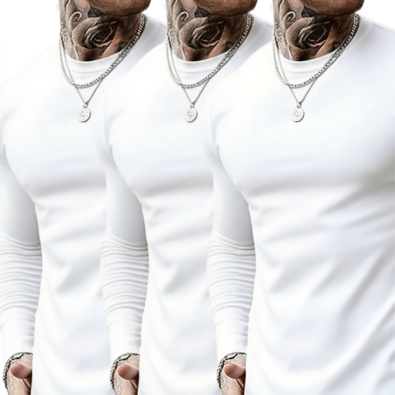 Langærmet herre-T-shirt, 3-pak, rund hals, slim fit, basic, sort, grå, hvid