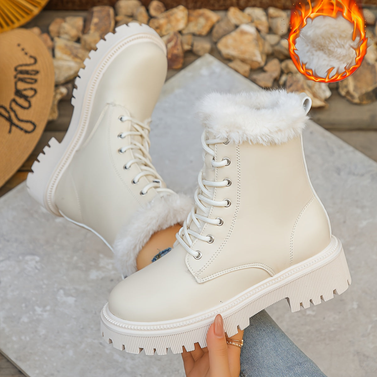 Damen Worker Boots mit Fellfutter & klobiger Sohle – Schnürstiefelette