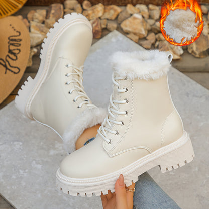 Damen Worker Boots mit Fellfutter & klobiger Sohle – Schnürstiefelette