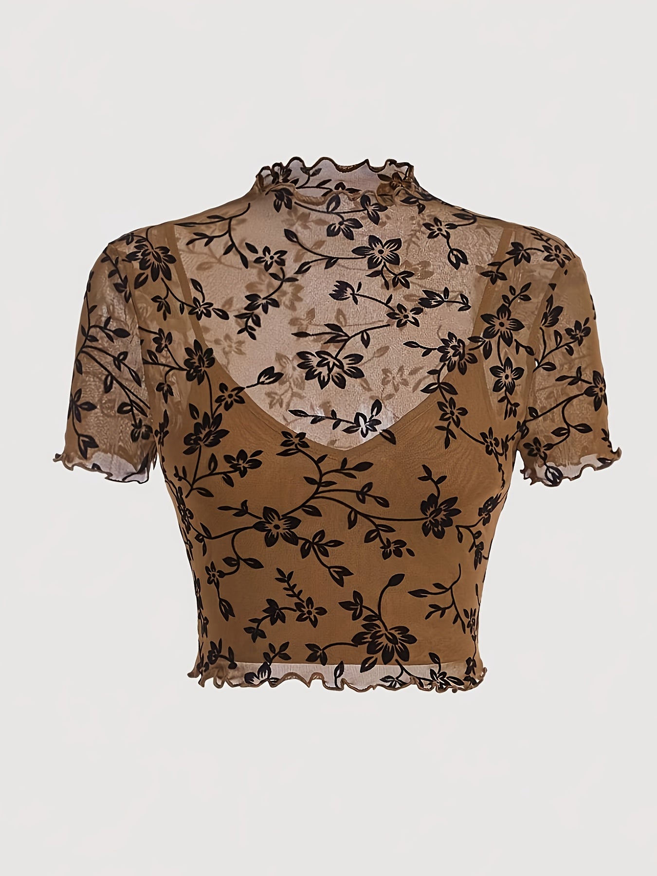 Dame Croptopp i mesh med blomsterprint og ståkrage – Elegant sommerstil