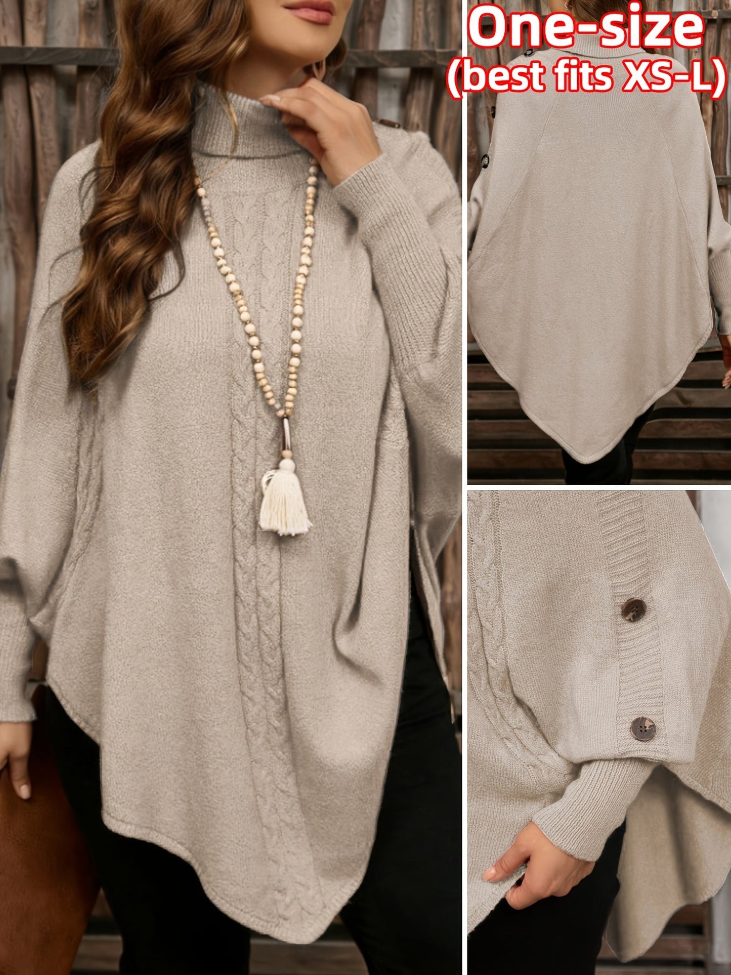 Poncho da donna, pullover a collo alto in maglia, casual, con bottoni e motivo a trecce