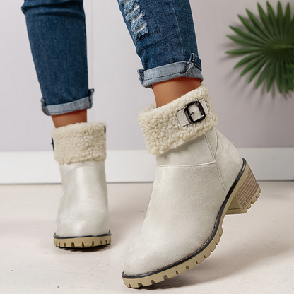 Damen Stiefeletten mit Blockabsatz, Plüschrand und Schnalle, Braun