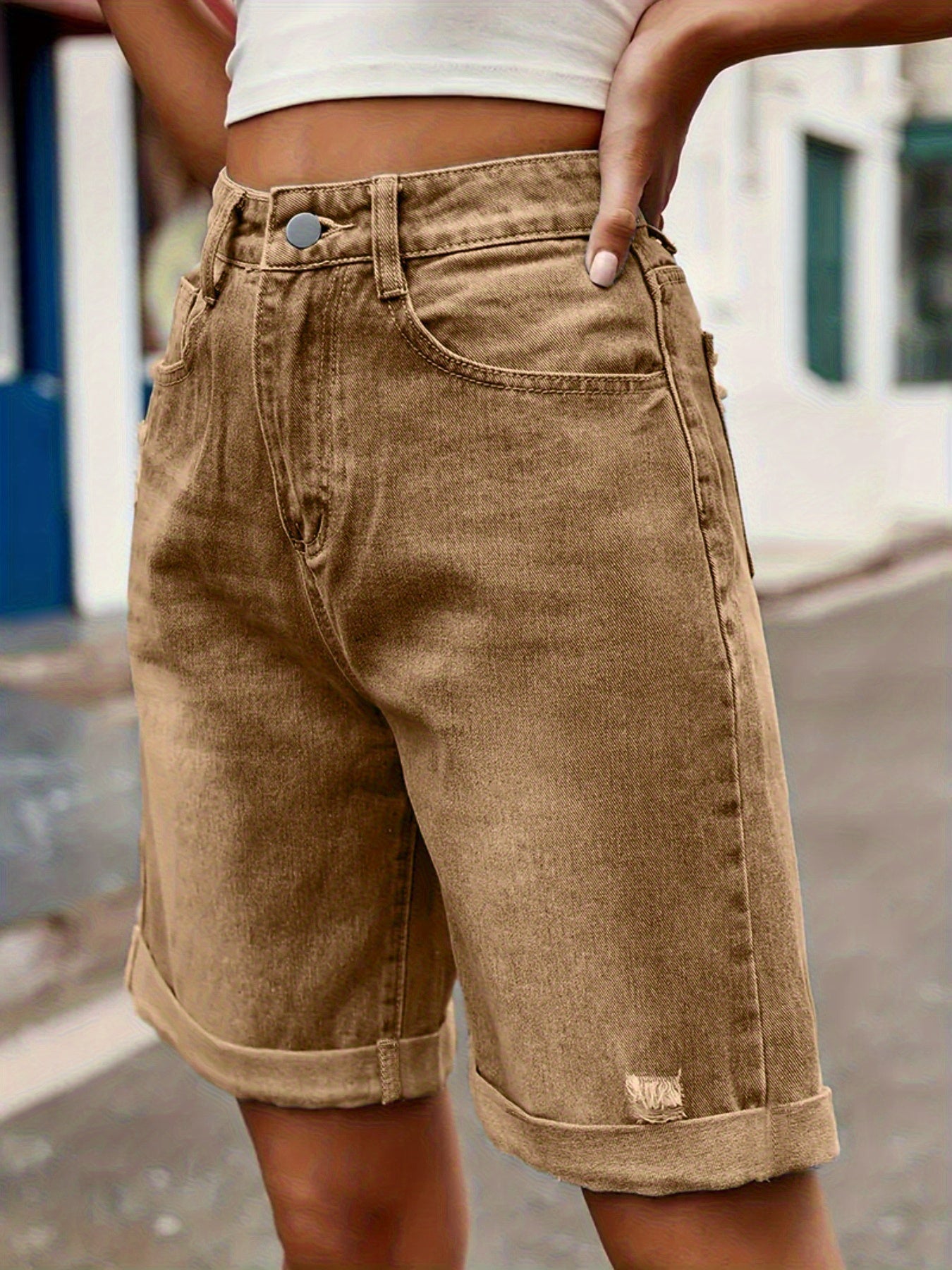 Damen Jeans Bermuda Shorts im Casual Style für Sommer – Bequeme Radhose mit Used-Look