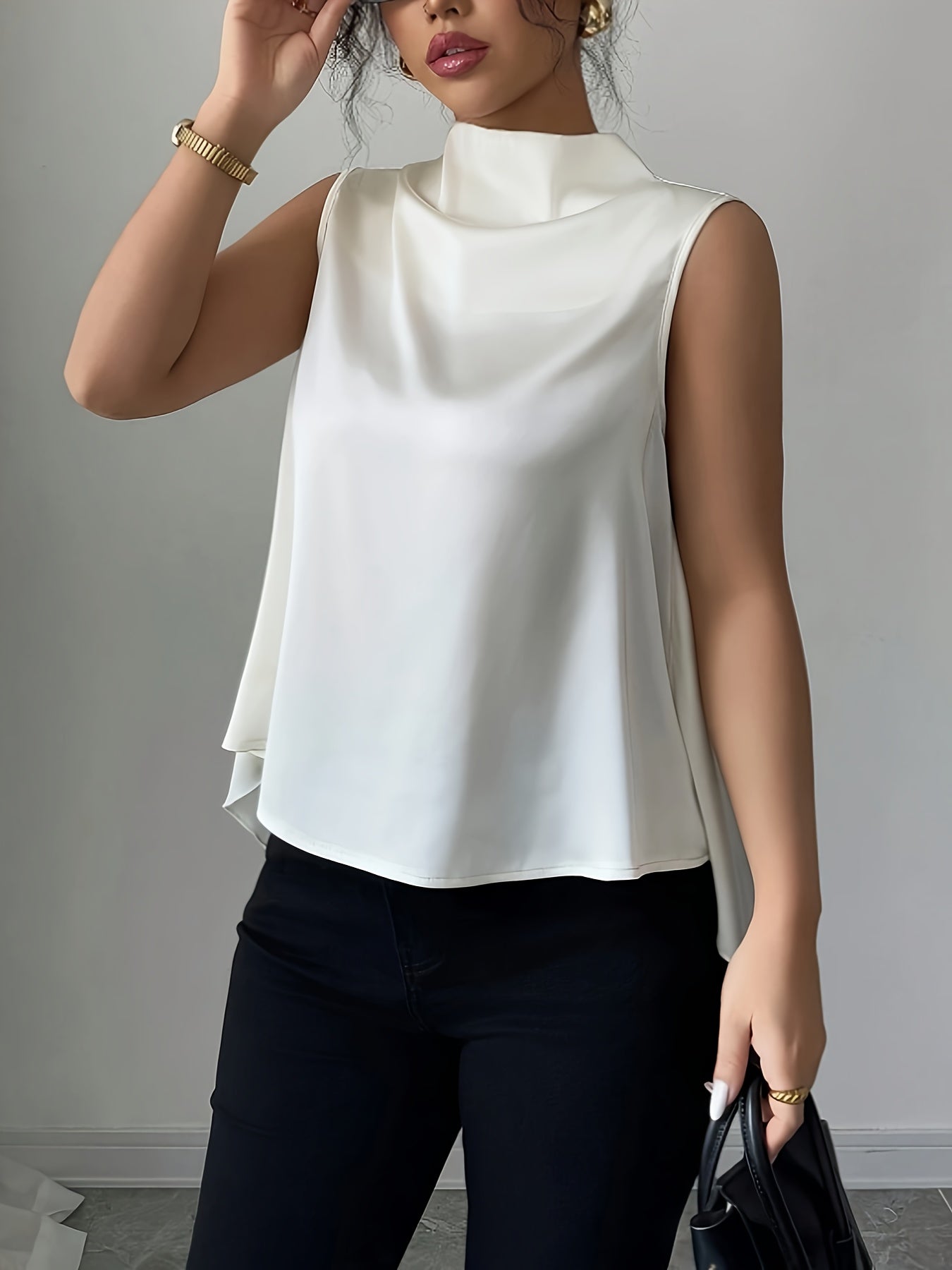 Blusa elegante sin mangas para mujer con cuello cascada para oficina y eventos nocturnos