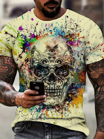 T-shirt homme avec imprimé tête de mort et éclaboussures de peinture – style streetwear urbain, manches courtes, grandes tailles