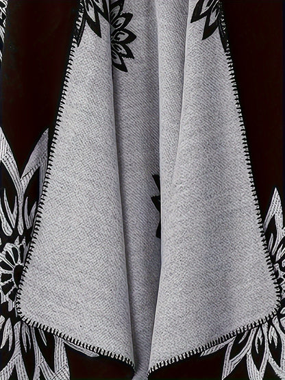 Poncho-omslag met bloemenpatroon, open voorkant, omkeerbaar, zwart-wit