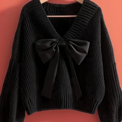 Pullover da donna in maglia grossa con scollo a V e grande fiocco