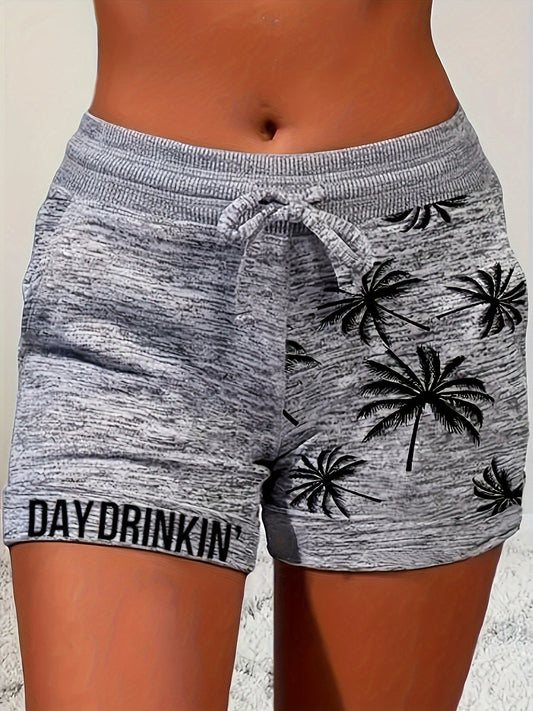 Dames vrijetijdsshorts met palmboomprint en "Day Drinkin'"-opdruk – Perfect voor vakantie & zomer
