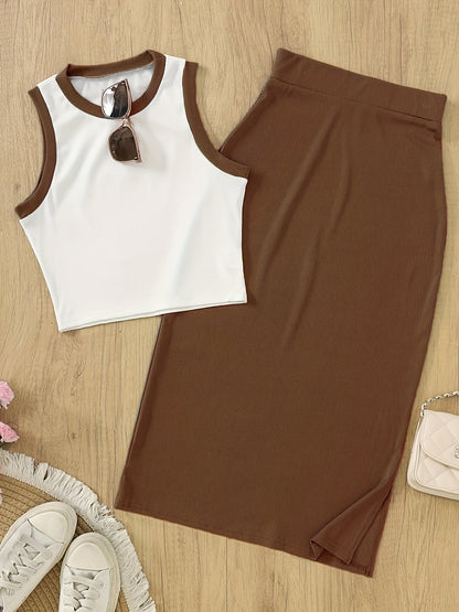 Damski elegancki zestaw 2-częściowy – bezrękawnik crop top i spódnica, stylowy na wiosnę i lato