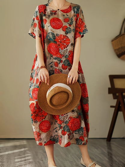 Damska sukienka casual z geometrycznym i botanicznym wzorem, oversize, z krótkim rękawem, swobodna