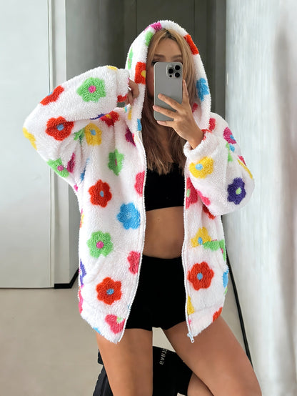 Damen Teddy-Fleece Kapuzenjacke mit bunten Blumen, Reißverschluss, Langarm