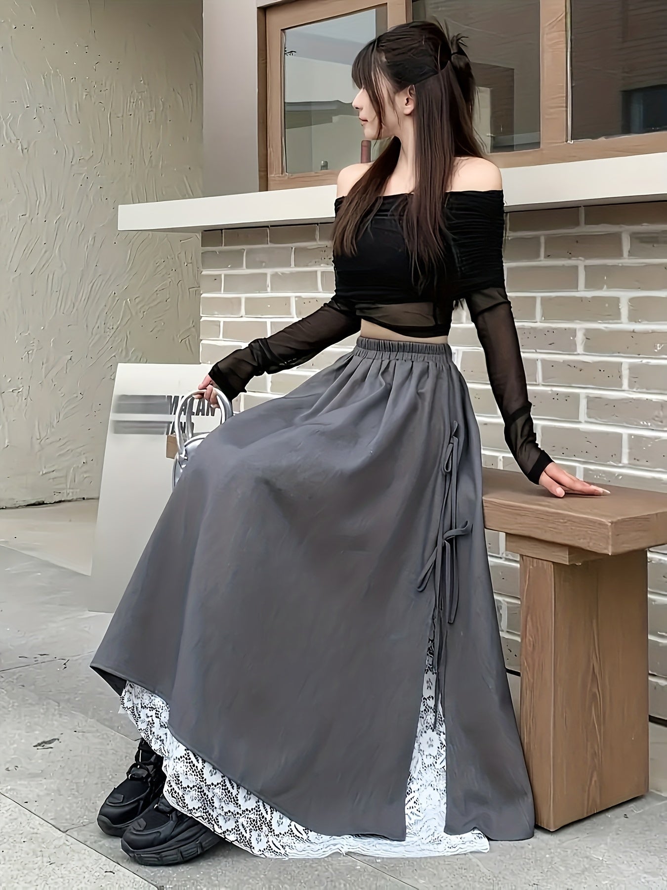 Damen Maxirock Grau mit Spitzenbesatz und Bindedetails