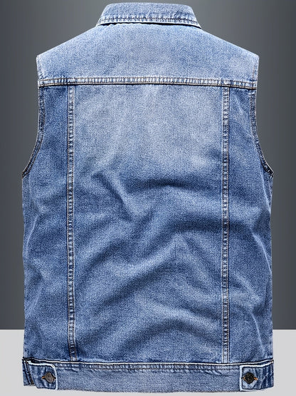 Jeans Weste Herren Denim Ärmellose Jacke Blau Knopfverschluss
