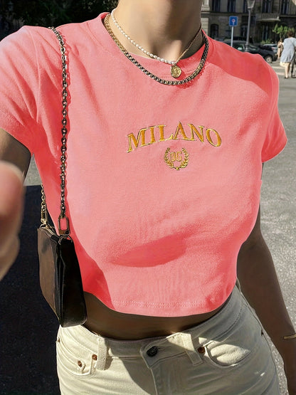 T-shirt corta da donna in stile Y2K con ricamo "MILANO" – Top estivo alla moda