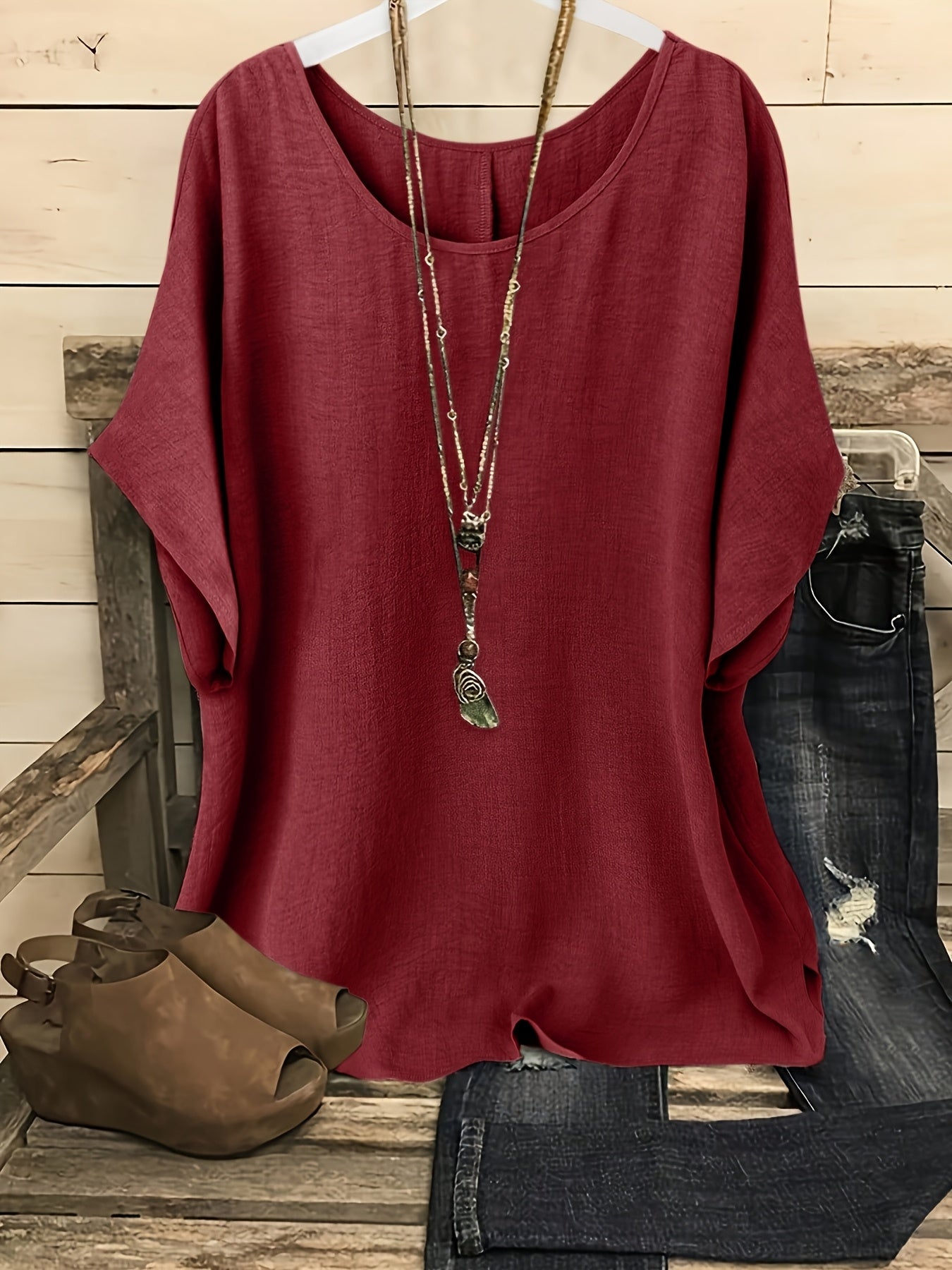 Damen Casual Oversize Bluse mit Rundhalsausschnitt – Perfekt für Alltag und Freizeit