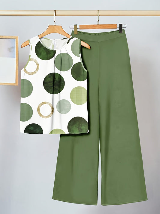 Conjunto de dos piezas para mujer – Top sin mangas con lunares y pantalón ancho – Look casual a la moda