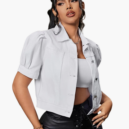 Giacca di jeans da donna a manica corta in stile cropped di tendenza – Look alla moda per tempo libero e vita quotidiana
