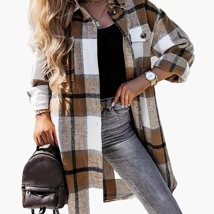 Camicia overshirt lunga da donna a quadri in stile casual per primavera e autunno