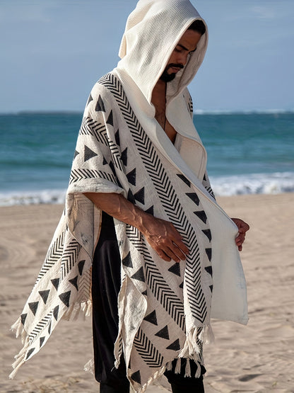 Męski boho plażowy poncho z kapturem i geometrycznym wzorem – idealny na plażę, festiwal i czas wolny