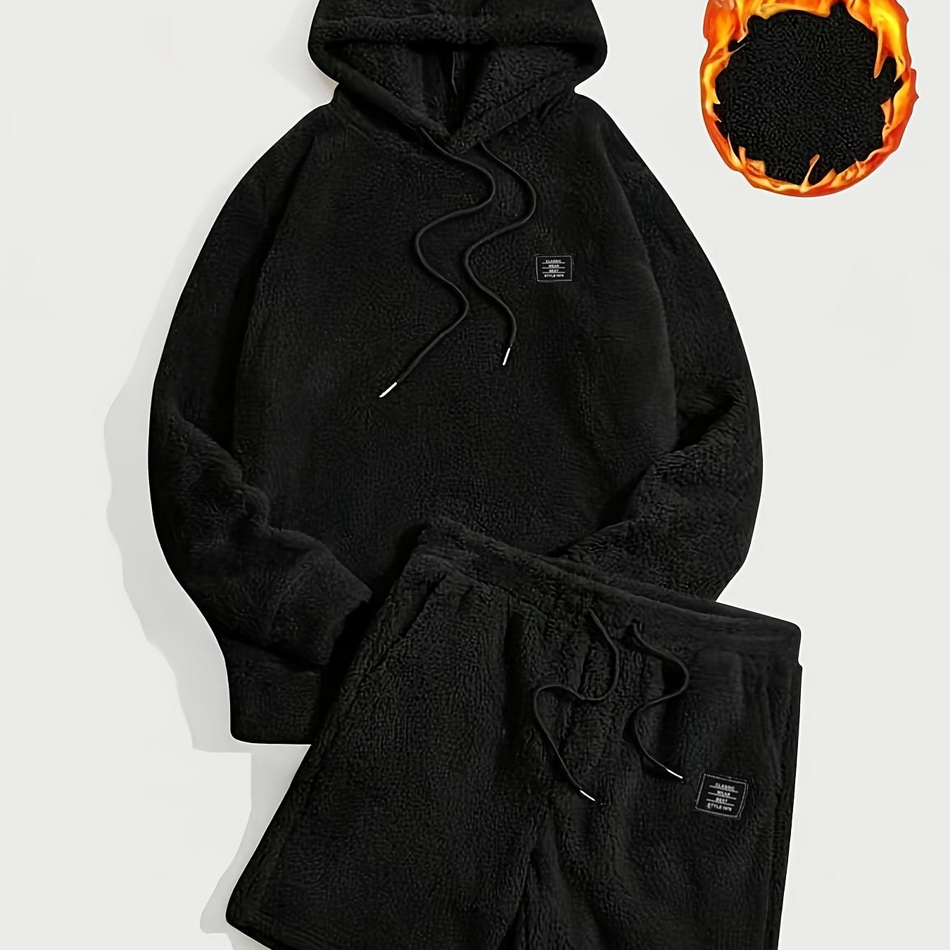 Unisex teddyfleece hoodie- en shortset met capuchon en trekkoord