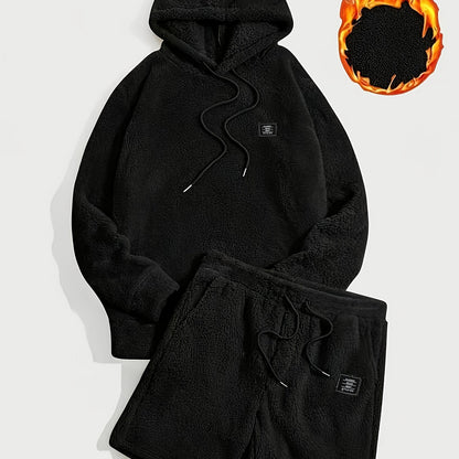 Unisex teddyfleece hoodie- en shortset met capuchon en trekkoord
