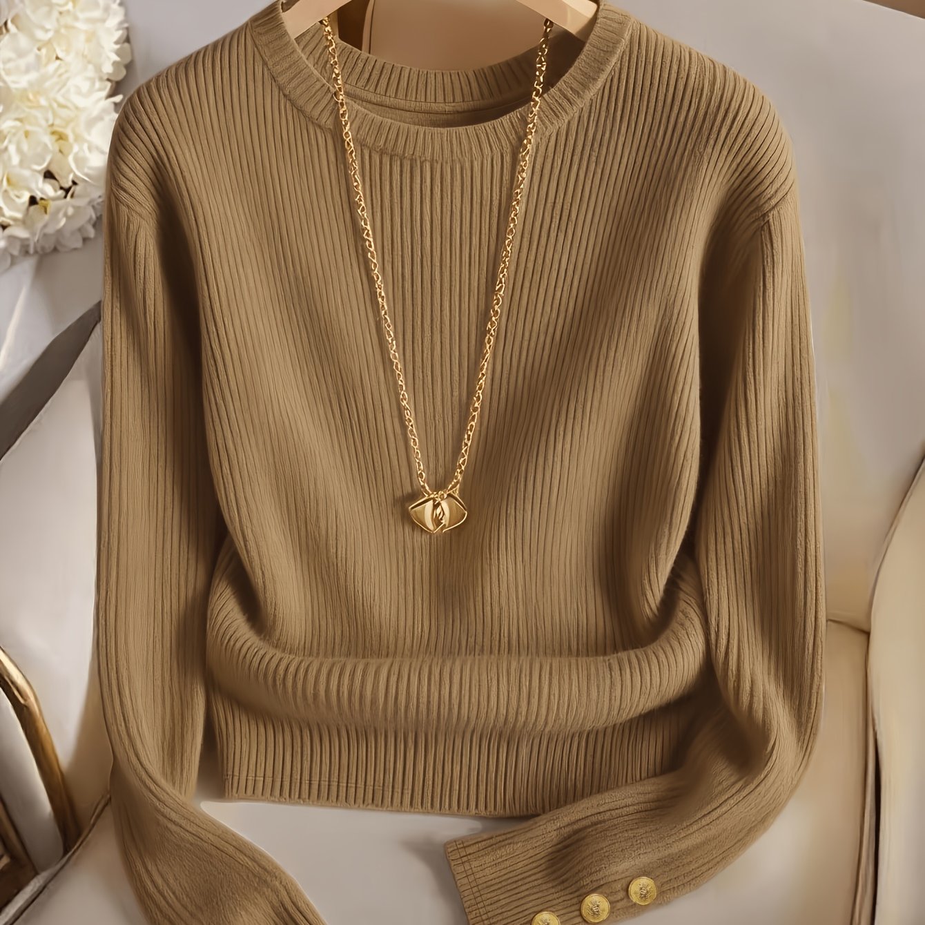 Gerippter Damen Pullover Rundhals Langarm mit Zierknöpfen