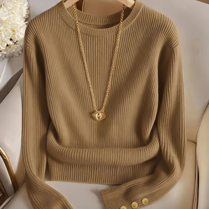 Gerippter Damen Pullover Rundhals Langarm mit Zierknöpfen