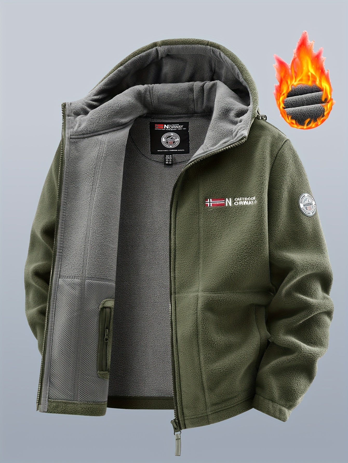 Chaqueta polar de exterior para hombre con capucha – Forro cálido, cierre de cremallera, bolsillo en el pecho